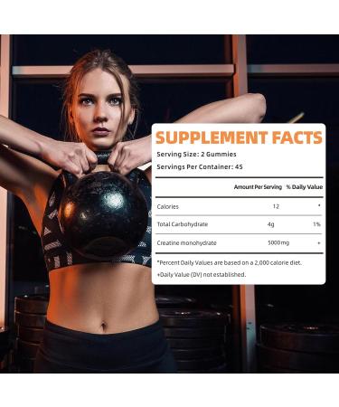 Creatine Monohydrate Gummies 5g - Sugar Free Chewable Supplement for Men & Women | 90 Count Orange Flavor - Buy Online on GoSupps.com