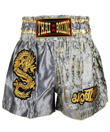 Kurop Boxing Muay Thai Shorts Trunks MMA Martial Arts Kickboxing Fight Sport Clothing Dragon Gray X-Large
