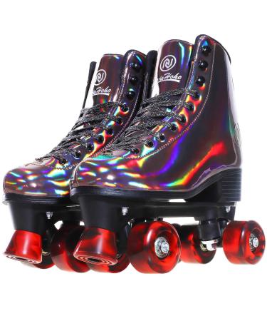 JajaHoho Roller Skates for Women, Black Holographic High Top PU Leather Rollerskates, Shiny Double-Row Four Wheels Quad Skates for Girls and Age 8-50 Indoor Outdoor Golden Black US 8