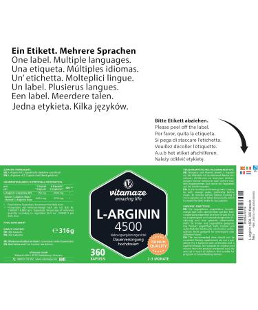 High Strength L-Arginine 4500mg - 360 Capsules - Sport Performance Booster - Pure German Quality - Vitamaze - Buy Online on GoSupps.com
