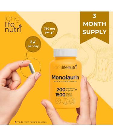 LongLifeNutri Monolaurin 1500mg - Potent Glycerol from Coconut 200 Vegetarian Capsules Organic Supplement for Gut Balance & Natural Defense 100-Day Supply GMP Certified Made in USA 200 Count (Pack of 1) - Buy Online on GoSupps.com