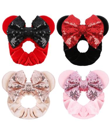 4Pcs Hair Scrunchies Mouse Ears Bows Scrunchies Sequin Bows Velvet Elastic Rubber Hair Ties Rope Ponytail Holder Hair Accessories Cute Headband Sparkle Bow Hair Bands for Women Girls