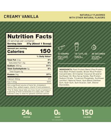 Optimum Nutrition Plant Based Protein Powder - Gluten Free Vegan Formula for Muscle Recovery - Creamy Vanilla Flavor - 20 Servings - Buy Online on GoSupps.com