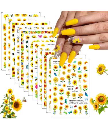 12 Sheets Sunflower Nail Stickers 3D Self-Adhesive Nail Art Supplies Elegant Sunflower Nail Art Decals Yellow Daisy Butterfly Leaves Nail Design Acrylic Nail for Women Manicure Tips Nail Decoration A2