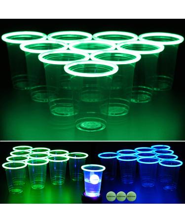 GLOWPONG Green vs Blue Glow-in-The-Dark Beer Pong Game Set for Indoor Outdoor Nighttime Competitive Fun, 12 Green vs 12 Blue Glowing Cups, 4 Glowing Balls, 1 Ball Charging Unit Makes Every Shot Glow