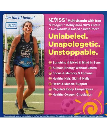 NEVISS AM Methylated Multivitamin Gummies with Iron for Women 26-in-1 Gummy Omega-3 Methylfolate & B12 Inositol for Daytime Routine Daily Vitamin Energy Brain Antioxidant Vegan Sugar Free - Buy Online on GoSupps.com