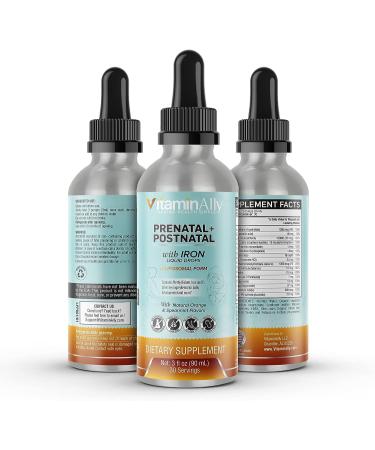 Vitaminally Prenatal + Postnatal Liposomal Liquid Drops with Iron - 30 Day Supply - 3 FL Oz - Non-GMO & Gluten Free - Supports Baby Development and Mom - Easy to Swallow - Buy Online on GoSupps.com
