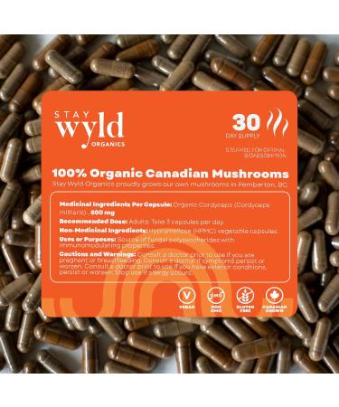 Stay Wyld Organics - Cordyceps Mushroom Capsules 100% Canadian Mushrooms Supplements for Energy Immunity & Vitality Organic Mushroom Supplement - 90 Capsules Pouch - Buy Online on GoSupps.com