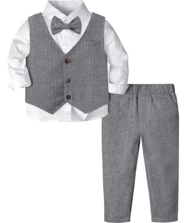 mintgreen Baby Boys Wedding Suits 3pcs Herringbone Tweed Outfit Christening Clothes Set Shirt + Waistcoat + Trousers + Bow Tie 1-4 Years 3-4 Years Darkgray