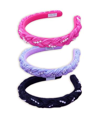 FROG SAC 3 Pearl Headbands for Girls Satin Braided Head Bands for Kids Cute Fashion Girl Braid Hair Accessories Hard Headband Pack for Children Black Purple Pink Hairbands with Pearls - Buy Online on GoSupps.com