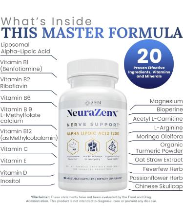 Zen Nutrients 1200mg Alpha Lipoic Acid R Matrix + Benfotiamine + B Complex Nerve Support - NeuraZenX Neuropathy Support Supplement with L-Carnitine and Turmeric (120 Capsules) - Buy Online on GoSupps.com
