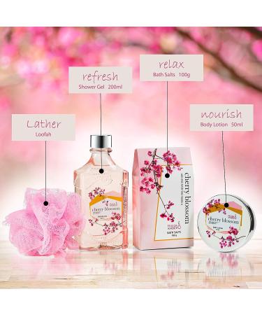 Cherry Blossom Spa Set for Women - Shower Gel, Bath Salts, Body Cream, with Shea Butter & Vitamin E - Relaxation Gift Basket - Buy Online on GoSupps.com