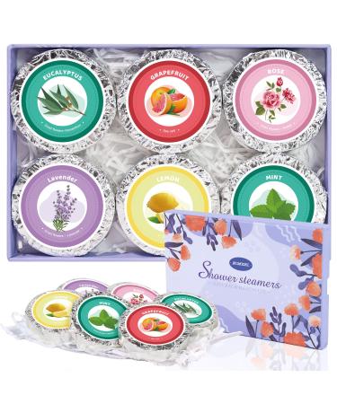 Bumodel Shower Steamers Aromatherapy 6Pack Organic Shower Bath Bombs for Women Mom and Men Shower Tablets with Natural Essential Oils for Home SPA Self Care Relaxation Gifts for Birthday Purple Box 2 6pc(4 Flowers+2 Frui...