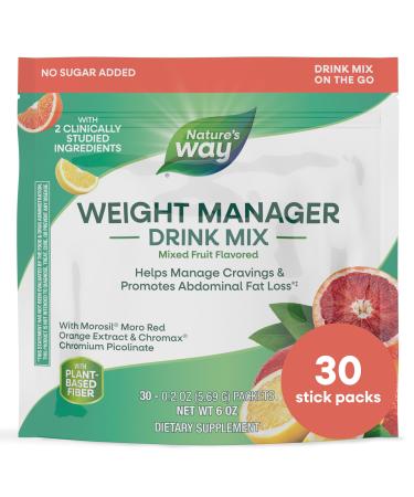 Nature's Way Weight Manager Drink Mix Packets Supports Craving Management & Abdominal Fat Loss*(1) with Clinically Studied Ingredients Plant-Based Fiber No Sugar Mixed Fruit Flavored 30 Packets