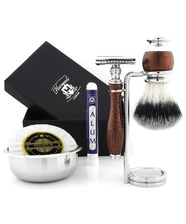 Haryali London Shaving Kit 5 Pc Shaving Kit Double Edge Safety Razor - Synthetic Hair Shaving Brush Shaving Soap Shaving Bowl Shaving Stand Antique Maroon Color Shaving Set as Gift
