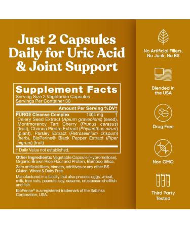 Purge! Uric Acid Flush Detox & Cleanse 120 Vegan Capsules with Celery Seed Tart Cherry & Chanca Piedra for Joint Support & Mobility - Buy Online on GoSupps.com