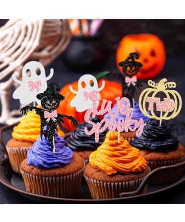 Gyufise 24Pcs Halloween Two Spooky Cupcake Toppers Pink Glitter Ghost Pumpkin Cupcake Picks Girl Spooky Halloween Cake Decorations for Halloween Theme Kids 2nd Birthday Party Supplies Pink Two - Buy Online on GoSupps.com