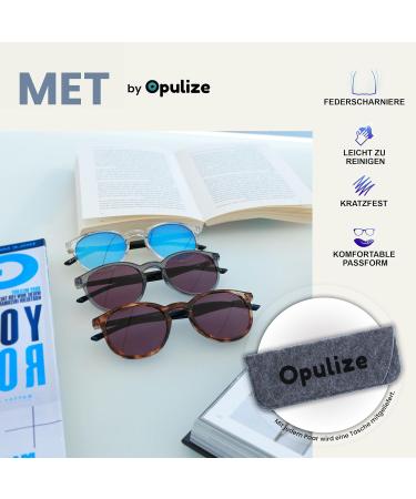 Opulize Met Sunderer Glasses - Slim Round Frame Spring Hinges Scratch-Resistant Tinted Lens UV400 Protection - Unisex S60 +1.00 Diopter (1 Pack) - Brown Tortoise & Dark Blue Arms - Buy Online on GoSupps.com