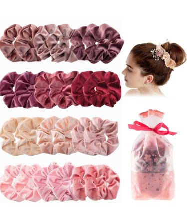 24 Pieces Blush Theme Hair Scrunchies Velvet Pink Elastic Hair Scrunchies Soft Hair Bands Scrunchy Bobbles Hair Ties with Drawstring Bags for Girls Women Theme Party Hair Accessories