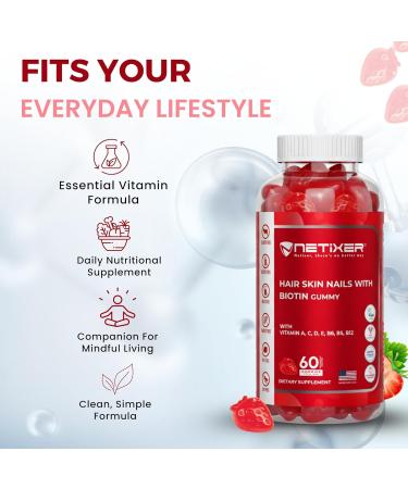 nETiXER Hair Skin Nails Gummies with Biotin 5000 mcg 60 Vegan Gummies | Vitamins A, C, D, E, B6, B12, Folic Acid, Zinc | Strawberry Flavor | Individually Wrapped - Buy Online on GoSupps.com