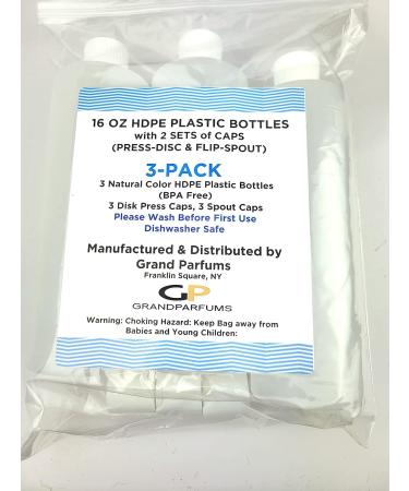 3 Pack 16 Oz HDPE Plastic Bottles with 6 Caps - BPA-Free, Food-Grade, Ideal for Shampoo, Body Wash, Sauce, and More - Buy Online on GoSupps.com