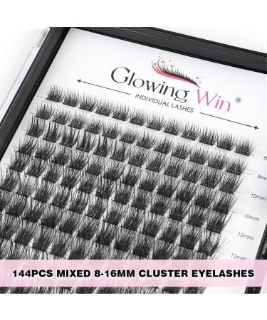 Glowing Win DIY Cluster Lashes Set - 144PCs Individual Eyelash Extensions with Bond Sea & Tweezers | 8-16mm Natural Fake Lashes - Buy Online on GoSupps.com