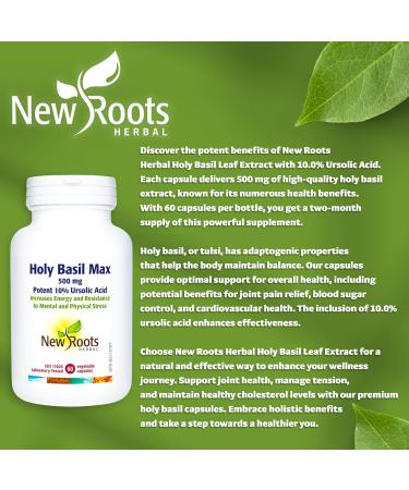 New Roots Herbal - Holy Basil Leaf Extract with Ursolic Acid 500mg 60 Capsules - Premium Supplement for Joint Support and Cholesterol Management - Organic Tulsi Capsules for Overall Wellness - Buy Online on GoSupps.com