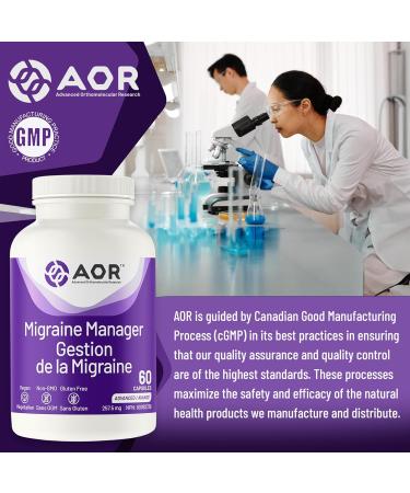 AOR Migraine Manager 60 Caps - Balanced Support with Vinpocetine Riboflavin Feverfew Extract & Magnesium Citrate - Brain Health Supplement for Adults - Natural Calm for Head Comfort & Sleep Support - Buy Online on GoSupps.com