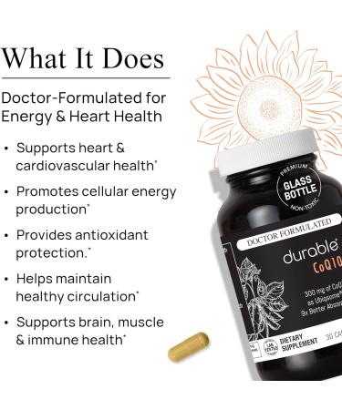 Durable CoQ10 300mg Coenzyme Q10 Phytosome with 9X Better Absorption + Quercetin Heart Energy & Cellular Support Doctor Formulated Vegan Non-GMO Made in USA Once-Daily (30 Capsules) 30 Count (Pack of 1) - Buy Online on GoSupps.com