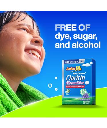 Juniors Claritin Max Strength 10mg Chewables One Dose for 24-Hour Non-Drowsy Allergy Relief Children's Allergy Medicine Kids Chewable Allergy Medicine Ages 6+ Grape Flavored 30 Chewable Tablets - Buy Online on GoSupps.com