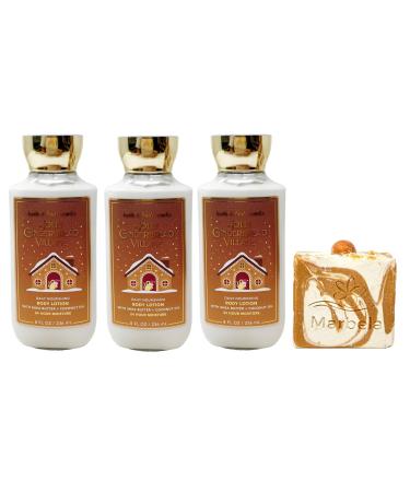 Bath & Body Works Jolly Gingerbread Village 3 Pack Body Lotion with a Peach Gardenia Bar Soap - Full Size