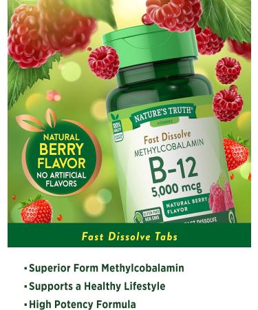 Nature's Truth B12 Vitamin 5000 mcg Fast Dissolve Tablets - Natural Berry Flavor | Vegetarian, Non-GMO, Gluten Free - Buy Online on GoSupps.com
