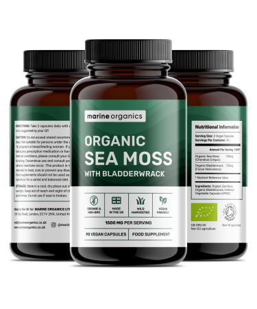 MarineOrganics Organic Sea Moss Capsules - 90 Irish Sea Moss and Bladderwrack Capsules - Iodine Tablets - UK Wild Harvested Seamoss - High Potency