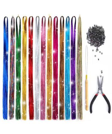47 Inch Tinsel Hair Extensions with Tools  13 Colors 2700 Strands Hair Tinsel Kit  Sparkly Glitter Tinsel Hair (47 inch-pack of 1  13 colors) 47 Inch-pack of 1 13 colors
