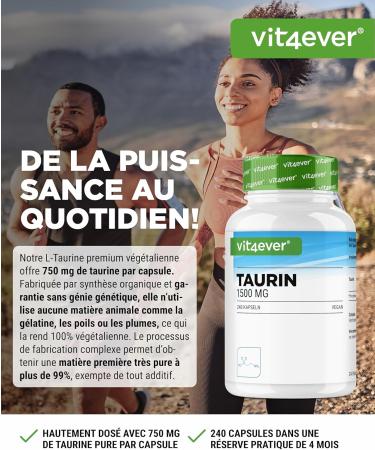 Taurine - 240 Capsules - High Dosed with 1500 mg per Daily Serving - 99% Purity - No Additives - Vegan - Buy Online on GoSupps.com