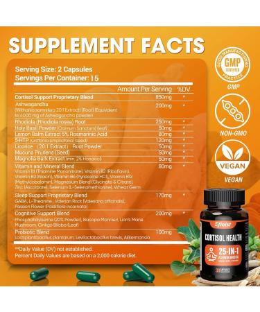 Efioist Cortisol Supplement for Women 25-in-1 Cortisol Reducer for Women & Men Cortisol Supplements for Men with Ashwagandha Rhodiola Rosea L-Theanine for Mood Focus Sleep Support 30 Capsules - Buy Online on GoSupps.com