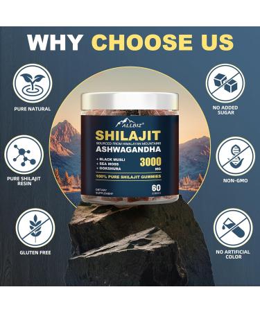 6 in 1 Pure Himalayan Natural Shilajit Gummies with Ashwagandha Gokshura Sweetened by Organic Honey 100% Natural & Non-GMO Gold Grade Shilajit for Men & Women (60 Gummies) - Buy Online on GoSupps.com