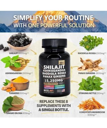 Pure shilajit Supplement with ashwagandha Ginseng rhodiola rosea cordyceps Mushroom Ginkgo biloba stinging Nettle Turmeric 8 in 1 Supplement - Buy Online on GoSupps.com