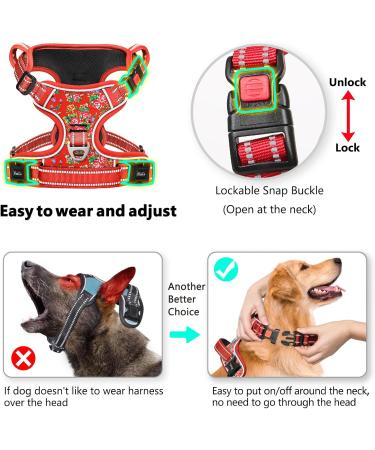 Heele Adjustable Reflective Dog Harness - Lockable Snap Anti-Train Design Floral Red | Size L (43-86cm) - Buy Online on GoSupps.com