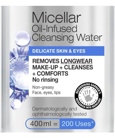 Garnier Micellar Cleansing Water 400ml for Delicate Skin - Makeup Remover & Cleanser, British Skin Foundation Approved - Use with Micellar Eco Pads - Buy Online on GoSupps.com