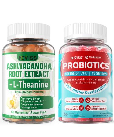 NEVISS Ashwagandha Gummies 2000mg +Sugar Free Probiotics Gummies