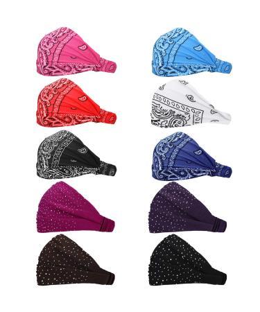 10 Piece Women's Paisley Yoga Headbands with Rhinestone - Wide Stretchy Headwrap for Workout and Sports - Buy Online on GoSupps.com