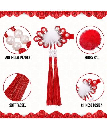 6 Pairs Baby Girls Chinese Style Hair Clips with Hairy Furry Balls and Tassels - Red Lantern Butterfly Decor - Perfect for New Year and Spring Festival - Buy Online on GoSupps.com
