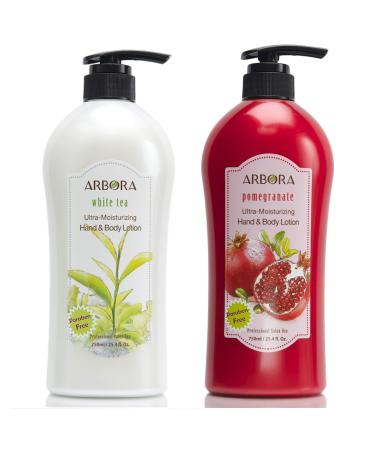 ARBORA Combo Pack of 2 Hand & Body Lotion White Tea Plus Pomegranate Jumbo Size 25.4OZ/750ML Paraben Free Natural Ultra-Moisturizing K-Beauty Professional Massage Lotion Original from Korea