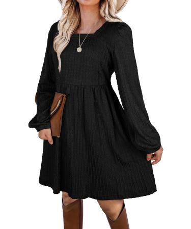 Aokosor Square Neck Long Sleeve Knit Dress - S Black | Knee-Length Babydoll Jumper Dress - Buy Online on GoSupps.com