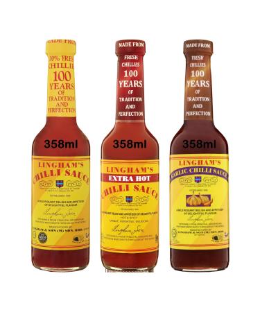 Chilli Extra Hot an Garlic Hot Sauce Bundle Containing 3 x 358ml Linghams Hot Sauces (Chilli Extra Hot and Garlic Chilli)