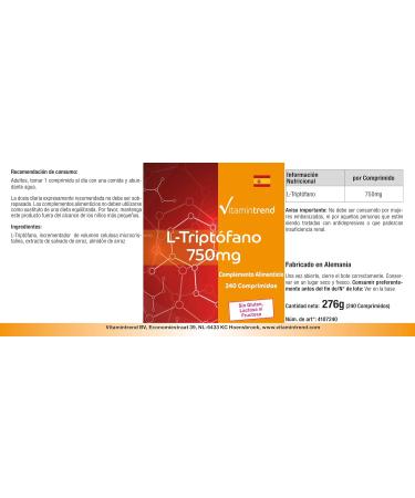  Vitamintrend L-Tryptophan 750mg - 240 tablets - vegan - high dosage | Vitamintrend  - Buy Online on GoSupps.com