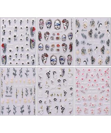 JMEOWIO 6 Sheets 3D Embossed Spring Flower Nail Art Stickers Decals Self-Adhesive 5D Colorful Summer Floral Nail Supplies Nail Art Design Decoration Accessories - Buy Online on GoSupps.com