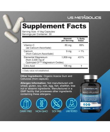 US Metabolics Mag Flush Magnesium Oxide Capsules 750mg 120 Vcaps - Oxygenated Magnesium Oxide Supplement for Constipation Relief Colon Cleanse Laxative and Digestion Support for Women and Men - Buy Online on GoSupps.com