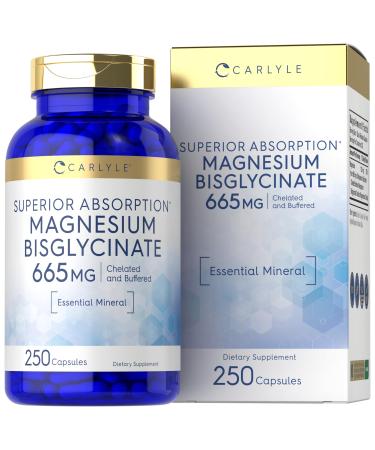 Buffered Magnesium Bisglycinate 665 mg | 250 Capsules | Chelated Essential Mineral | Non-GMO and Gluten Free Supplement | by Carlyle
